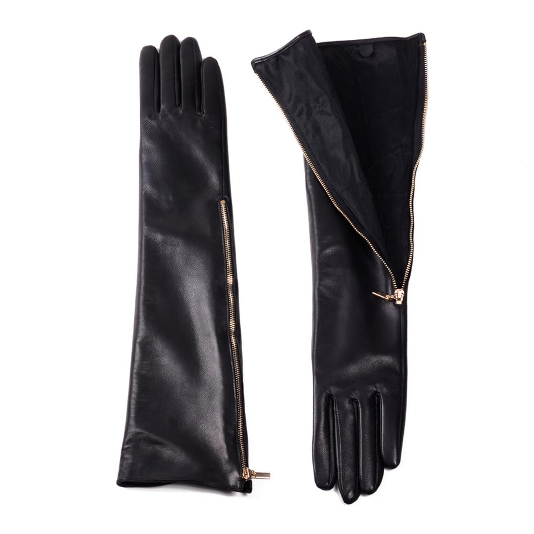Wvapzxx Guantes Largos Con Cremallera Dorada Lateral De Cuero Genuino Negro De 45CM Para Mujer De Invierno