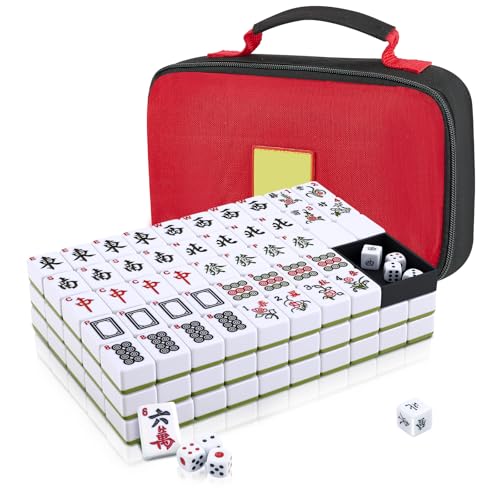 Mahjong Set 144PCS Chinese Mahjong Tiles Set Easy To Read Mah Jong Game Solid Structure Portable Medium Size with English Number for Travel Party Family Game  Ideal Board Game 3.0x2.25x1.7cm