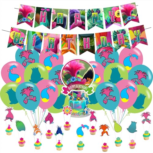 M-F Cartoon Party Supplies Birthday Decorations Set Include Banner Balloons Hanging Swirls Cake Cupcake Toppers for Boys Girls Party.