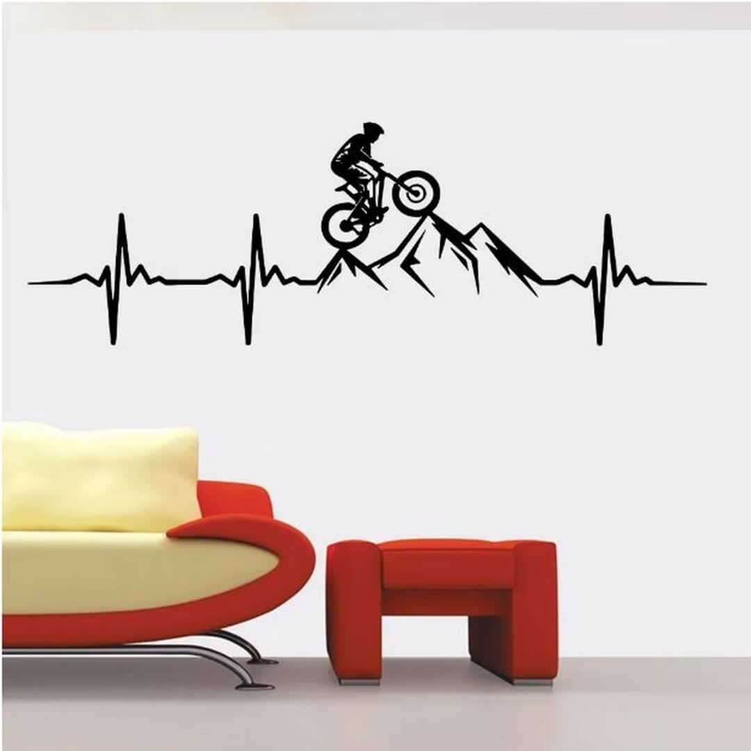 MTB Mountain Bike Heartbeat Wall Decal Living Room Bedroom Man Mountain Biker Downhill Bicycle Wall Sticker Playroom Viny 34X100CM