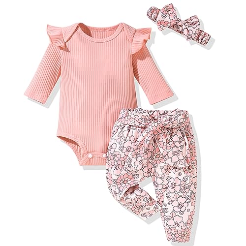 Image of Aalizzwell Preemie Newborn Infant Baby Girls Clothes Ribbed Romper Bodysuit Pants Set Fall Winter Outfits