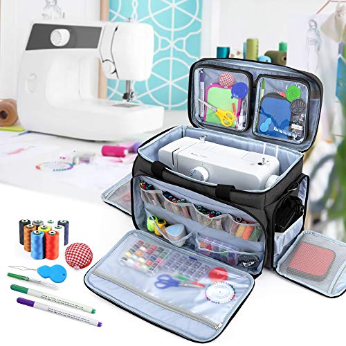 CURMIO Bolsa para Máquina Coser, Bolsa de Viaje para Máquina Coser, Maleta de Máquina Coser con 2 Bolsillos Extraíbles Transparentes, Adecuado de la mayoría de Máquina de Coser Universales, Negro.