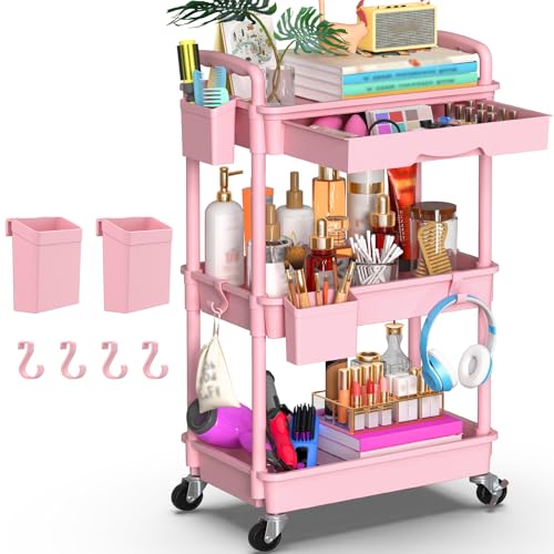 Yeabett - Carrito de artesanía de 3 niveles, carrito de almacenamiento con ruedas, carrito utilitario con cajón para cocina, baño, oficina, sala de estar, color rosa