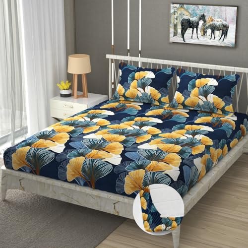Image of Vram Premium Heavy Cotton Elastic Fitted Bedsheets with 2 King Size Pillow Covers || Double Bed with All Around Elastic 350 TC || 72 x 78 x 10 Inch King Size Fitted || :- Green Mushroom