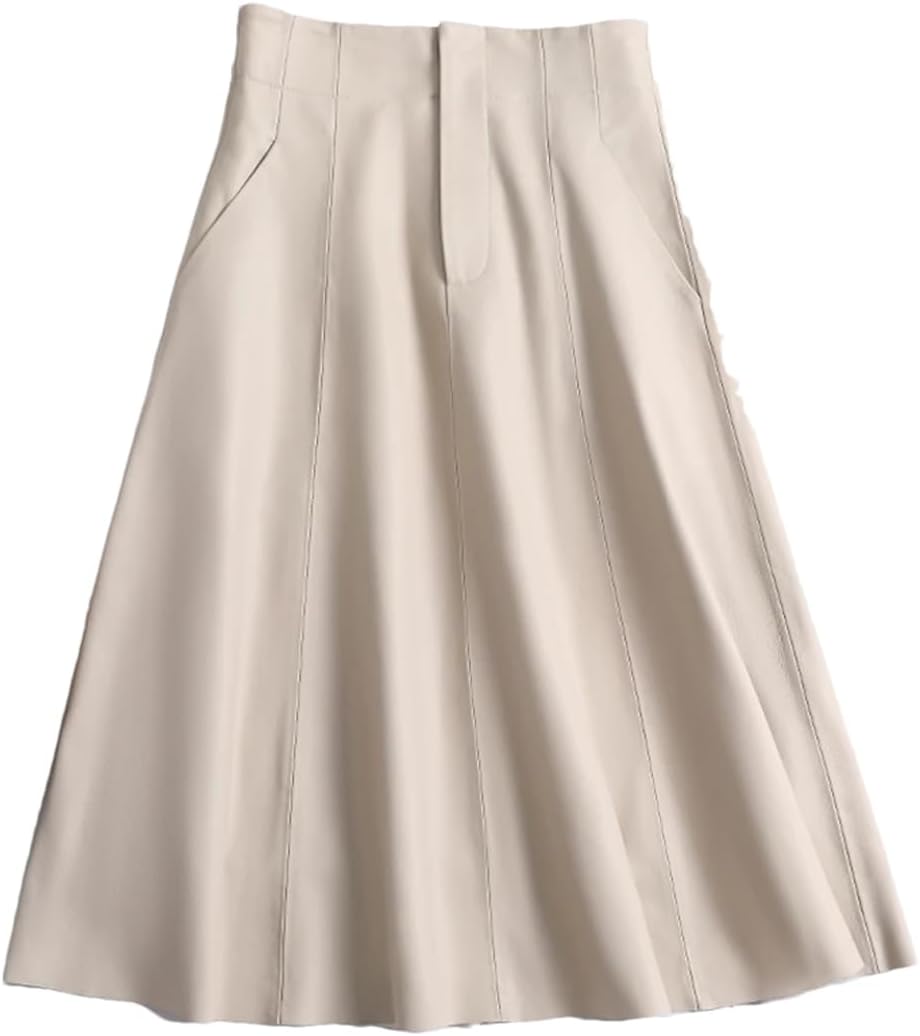 Women Winter Pockets Calf Length Umbrella Faldas Big Hem Pleated white9 Leather Skirt