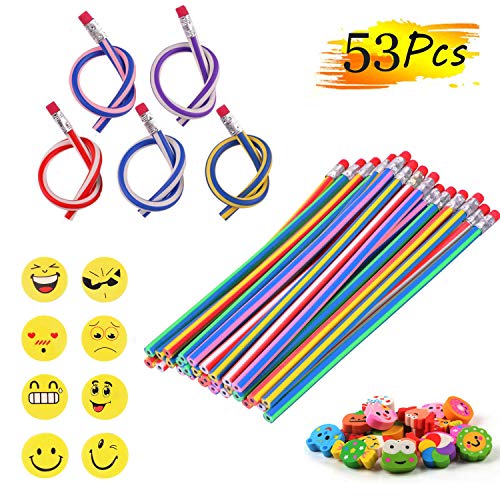 53 Stück Party Bags Filler, 25 Biegsam Flexible Magische Bleistifte, 20 Smiley Tier Radiergummis Rubber Radierer, 8 Smiley Radiergummis Geschenke Kinder