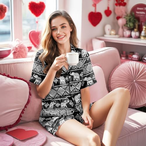 Image of Women's satin pajamas set, Short-sleeve button down Loungewear | Exclusive print on soft satin fabric; breathable comfort for sleep or lounge; button front top, elastic shorts; easy care