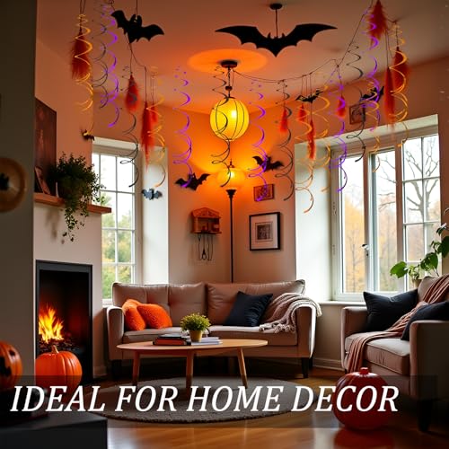 Image of 40Pcs Hanging Swirls Party Decorations Plastic Spirals Streamers Foil Ceiling Decor for Halloween Fall Birthday Office Classroom Home - Black Orange Purple