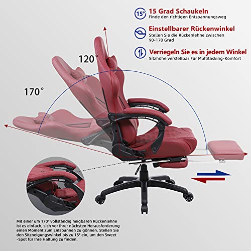 Dowinx-Silla-de-oficina-para-gaming-silla-ergonomica-de-PC-con-masaje-lumbar-estilo-racing-piel-sintetica-respaldo-alto-sillon-giratorio-ajustable-con-reposapies-color-rojo-vino