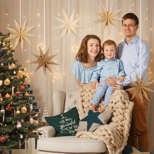 Image of 12 Inches 5 PCS Brown Paper Star Lanterns Hanging Khaki Stars Christmas Party Decorations Hanging Beige Lampshade Christmas Wedding Birthday Christmas Home Party Decorations (9 Pointed)