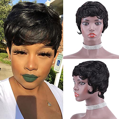 HHSHOW Short Pixie Cut Wigs with Bangs Brazilian Short Curly Human Hair Wig for Black Women Color Black Fluffy Natural Daily Wig(1B#)