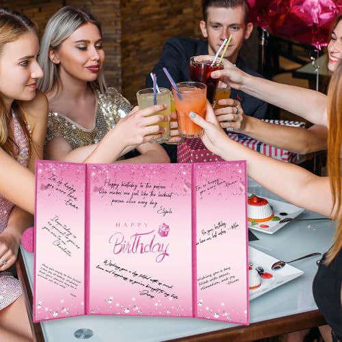 Image of Crenics Hot Pink Birthday Decorations for Women, Creative Birthday Guest Sign in Book Alternative, Happy Birthday Signature Book 18 inch x 12 inch, Awesome Birthday Gifts for Girls
