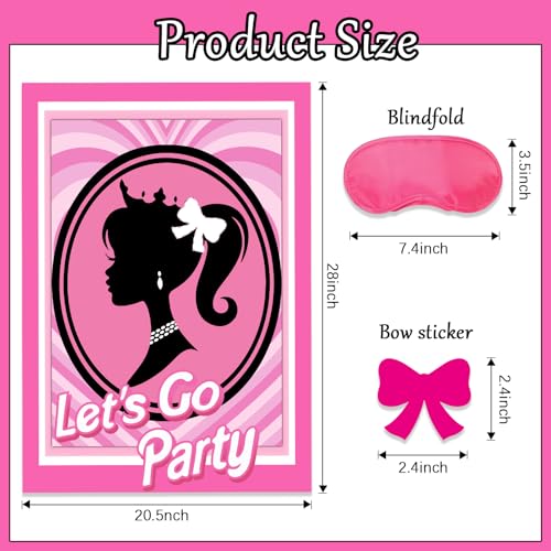 Kooterfun Pink Girl Party Game Decoration Supplies, Cute Princess Pin The Bow on The Head Party Games, Large Poster with 24Pcs Bow Stickers Favors for Kids Girls Birthday Party
