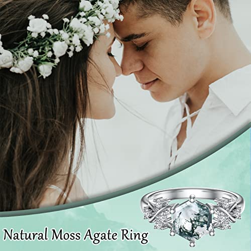 Platyco 1Ct Moss Agate Ring 925 Sterling Silver Natural Agate Engagement Ring Hexagon Shaped Green Agate Promise Rings Gift For Women (Size 9) #TOP2