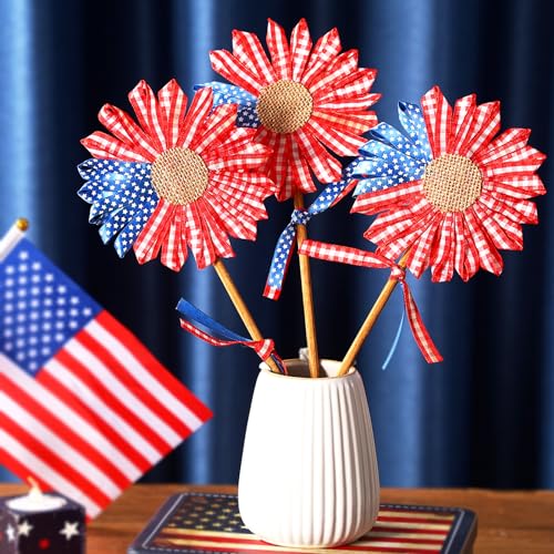 3 Pcs 4th of July Patriotic Flowers Artificial Independence Day Red White Blue Patriotic Decor Fabric Fourth of July Flowers for Table Centerpieces Party Memorial Day Decoration