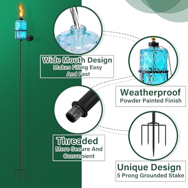 Glass Citronella Torches Set of 4, 12 Oz Outdoor Garden Torch with 5-Prong Grounded Stake, 59 Inch Glass Torch for Home D¨¦cor, Outside Torches for Backyard, Garden, Patio, Blue