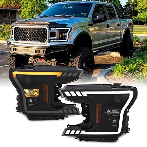 AKKON - For 2018-2020 Ford F150 F-150 Truck LED DRL Tube Smoked Projector Headlights With Sequential Turn Signal