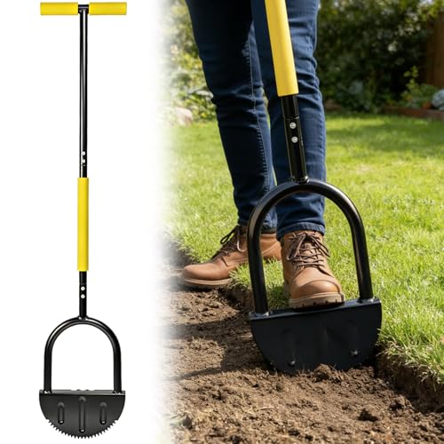 Lawn Edger Tool 110cm Long Handled Half Moon Edger with Serrated Saw-Tooth Blade T-Grip Manual Garden Edging Tool for Grass Borders Sidewalks and Landscaping - Heavy Duty Rustproof Steel