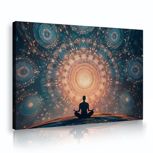 Art mural de yoga zen encadré aux finitions dorées et galaxie fractale haute définition