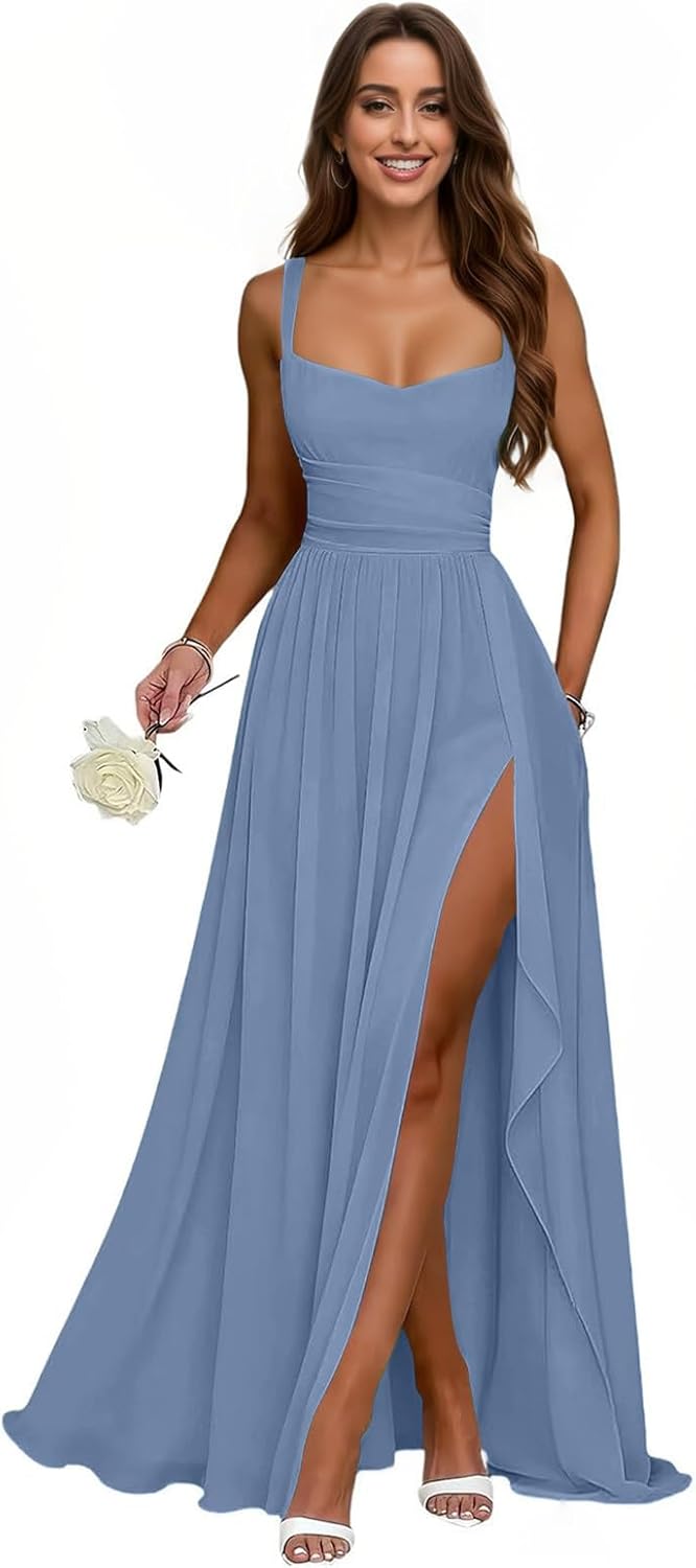 IIF Bridesmaid Dresses Square Neck Long Chiffon Ruffle Slit Pleated Evening Dresses for Women IIF204