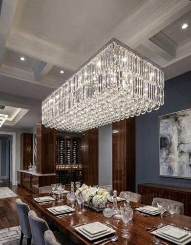 Image of Sanleen Rectangular K9 Crystal Chandelier Ceiling Light | 26 inch x 16 inch x 10 inch Modern Glass Luxury Hanging Lamp for Living Room, Bedroom, Dining Room & Drawing Room | Premium Home Decor Lighting Fixture