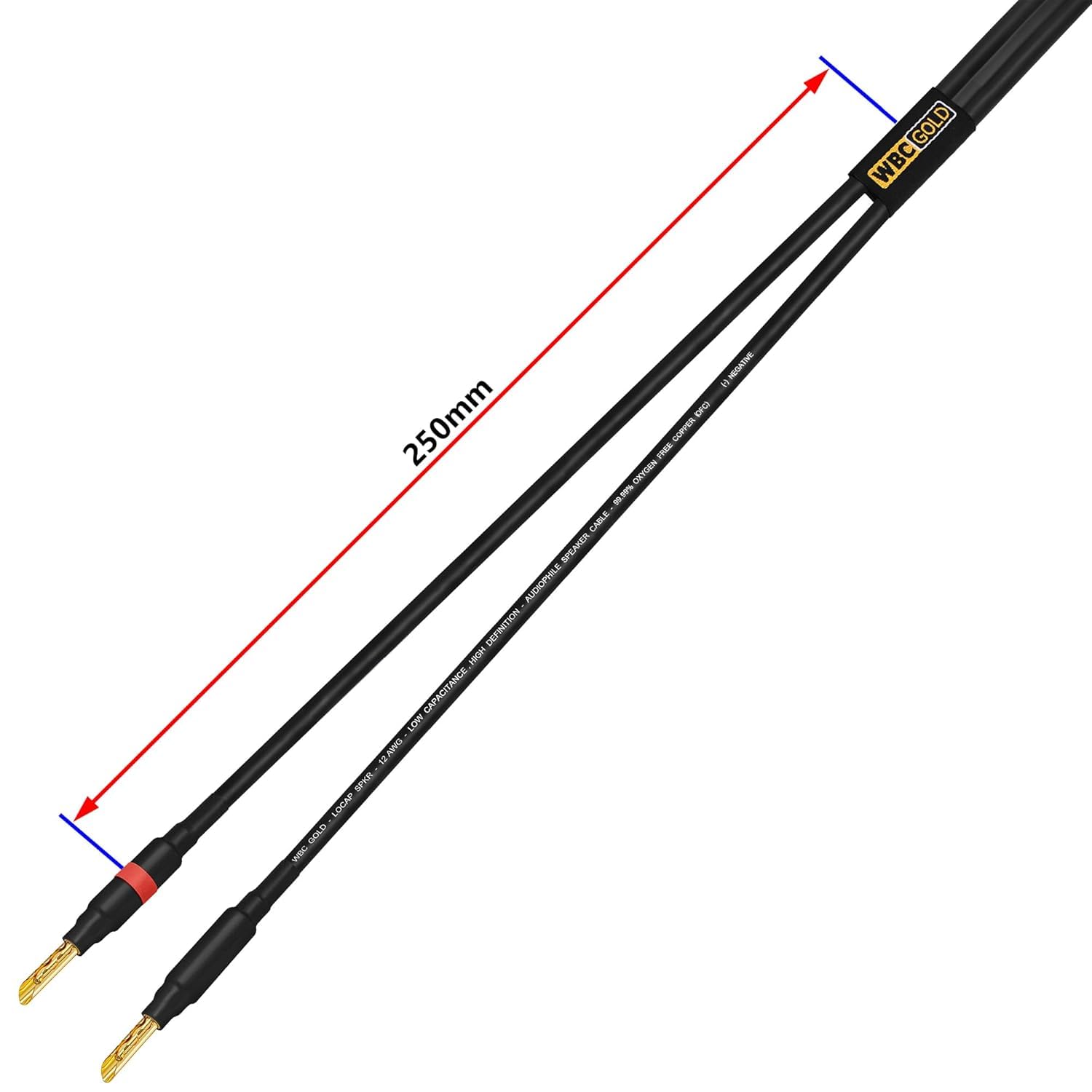 WORLDS BEST CABLES WBC-GOLD-LOCAP-SPKR-12 AWG, baja capacitancia, baja inductancia, OFC de alta pureza, par de cables para altavoces audiófilos de alta fidelidad con conectores banana Eminence Gold