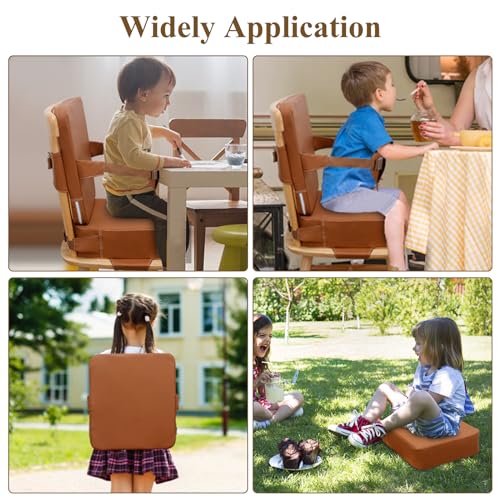 Image of Toddler Booster Seat for Dining Table, Non-Slip Kitchen Chair Booster Seat with Backrest and Adjustable Straps, Portable PU Waterproof Travel Baby Booster Increasing Cushion