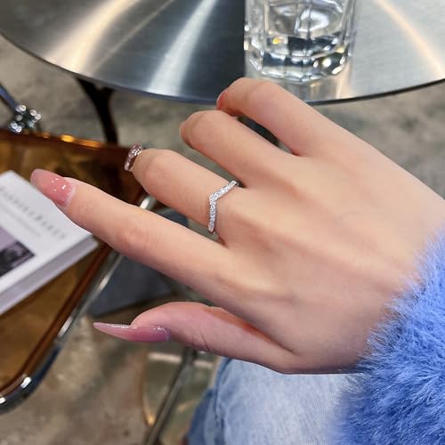 Genuine Moissanite 925 Sterling Silver V Shaped Women's Stacked Wedding Band Highly Polished Simple Eternity Ring Comfortable Size: 5-104