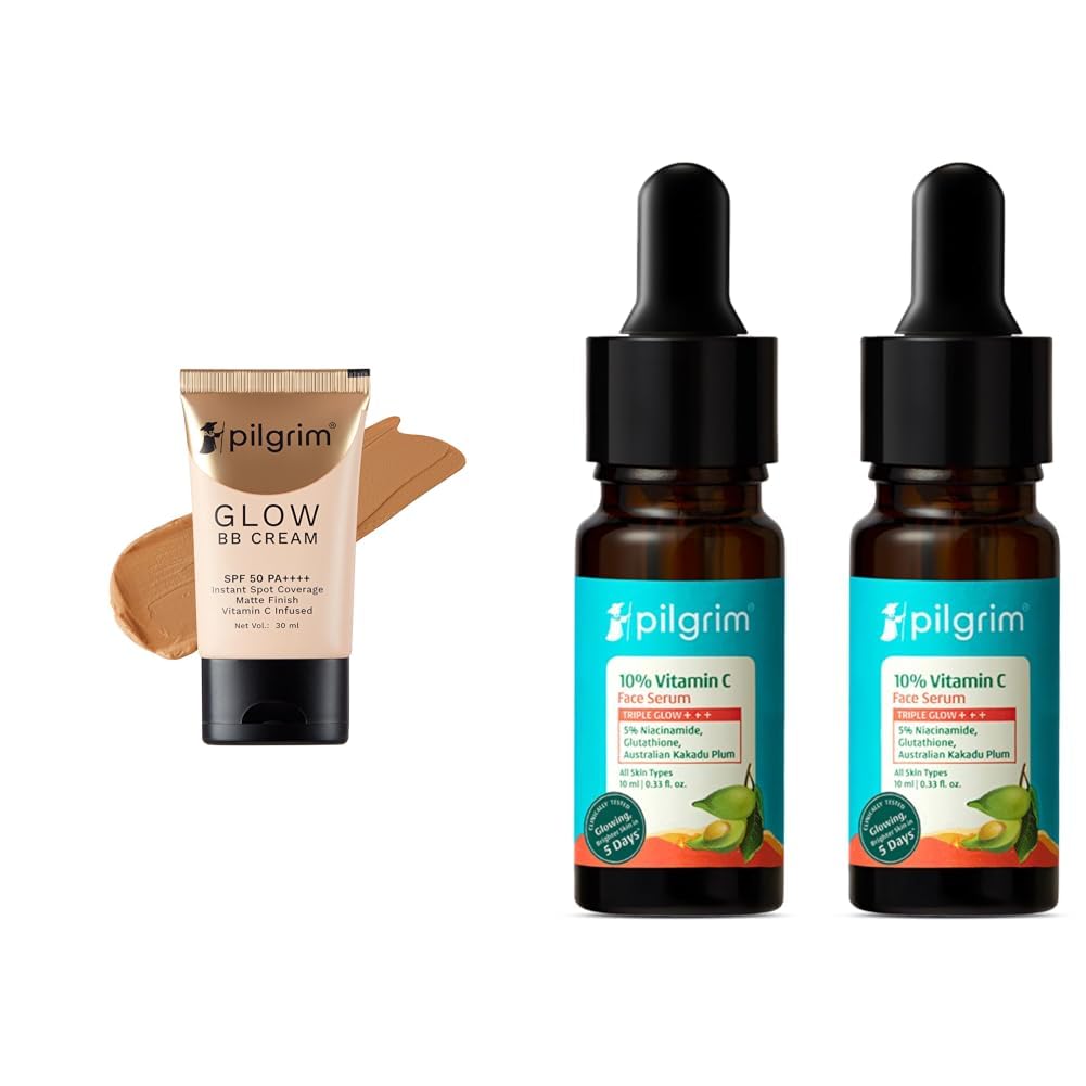 pilgrim almond glow 3-in-1 medium bb cream spf 50 pa++++ with niacinamide, hyaluronic acid & vit c for all skin & 10% vitamin c face serum 10 ml (pack of 2) for glowing skin with niacinamide