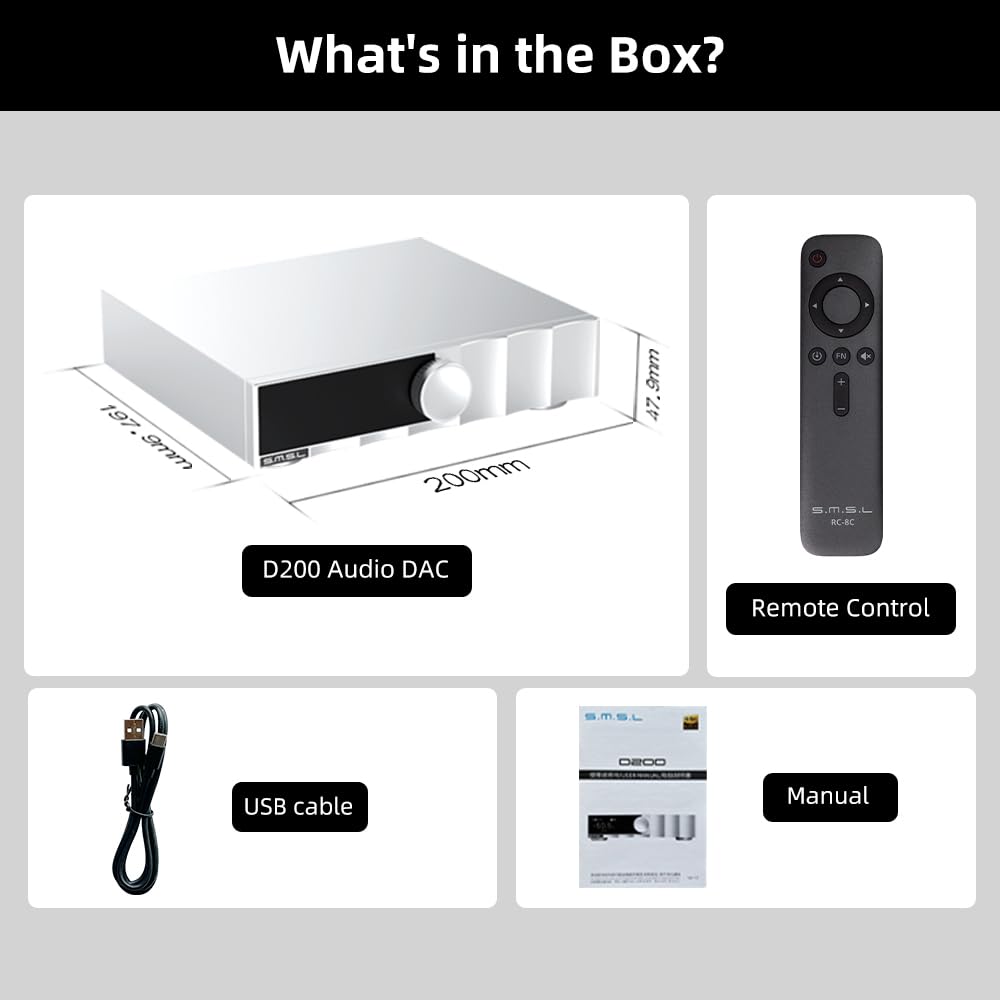 SMSL D200 - Decoder audio | USB/ottico/coassiale/ingresso Bluetooth | MQA/MQA - CD compatibile con chip ROHM BD34352EKV | Compatibile con amplificatori/amplificatori per cuffie/telefoni