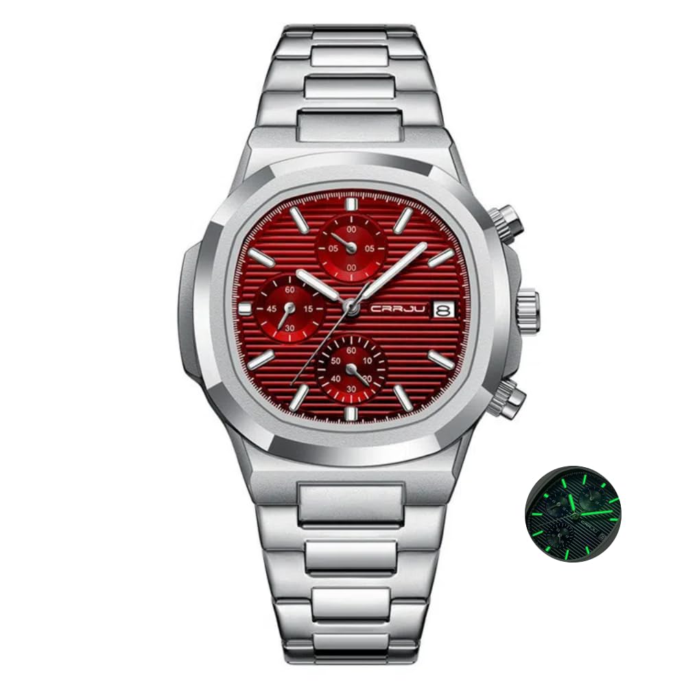 Reloj de pulsera cuadrado de acero inoxidable con esfera roja para hombre, cronógrafo, de cuarzo, con fecha