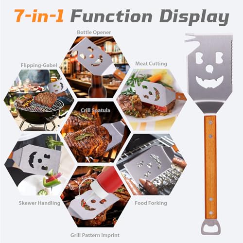 Ensemble de spatules de barbecue 7 en 1 - Ustensile de barbecue multifonctionnel pour barbecue et camping, ensemble d'ustensiles de barbecue en acier inoxydable avec ouvre-bouteille, idéal – Image 5