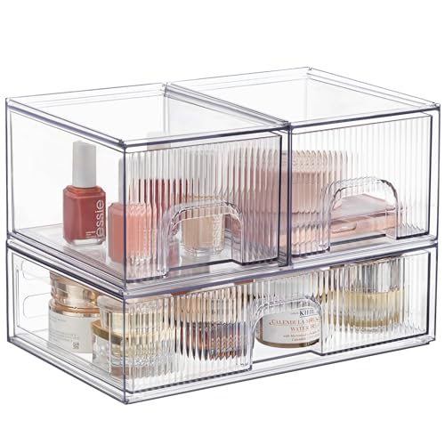 Vorey Clear Stackable Desk Storage Drawers, 3 Pack Acrylic Bathroom Makeup Organizers, Easily Assemble All Purpose Plastic Bins for Brightroom, Pantry Organization, Vanity, Undersink, Cabinet