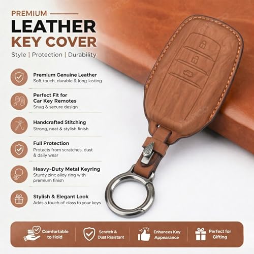 Image of Wooden PU Leather Key Cover Compatible with Toyota Fortuner | Fortuner Legender, Innova Hycross | Invicto 3 Button Smart Key Stylish wooden Texture & Durable Premium PU Leather Protection