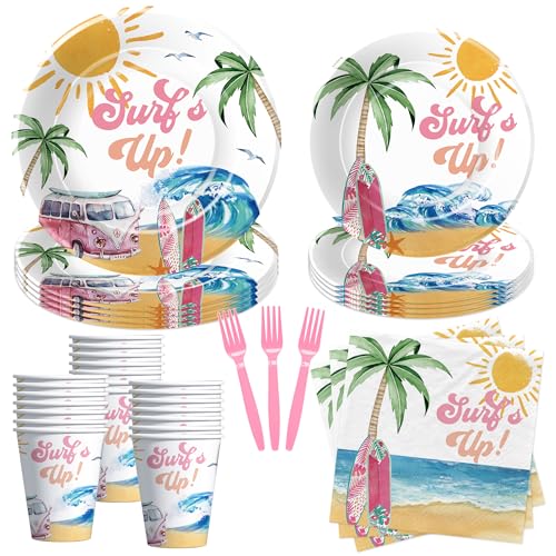 APOWBLS Surfs Up Birthday Plates And Napkin Party Decorations Tableware Girls - Pink Surf Party Supplies, Plate, Cup, Napkin, Fork, Summer Hawaiian Beach Wave Surfing Birthday Decorations | Serve 24