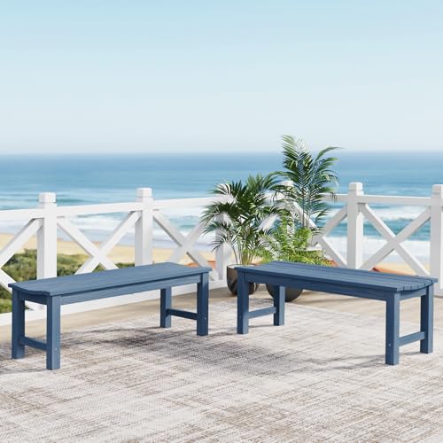 Image of Outdoor Bench Set of 2, 2-Person Patio Backless Benches, HIPS Weatherproof Garden Bench that Never Rot and Fade, Suit for Backyard, Church, Patio, Deck and Entryway (Blue)