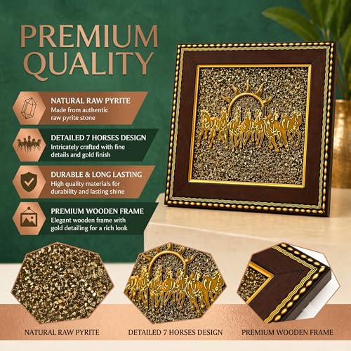 Image of CrystalPurna Original Pyrite 7 Horses Frame for Wealth Money Success & Prosperity | Vastu Seven Running Horses with Rising Sun Wall Decor | Natural Pyrite Crystal Wooden Frame for Home Office Living Room Positive Energy Gift