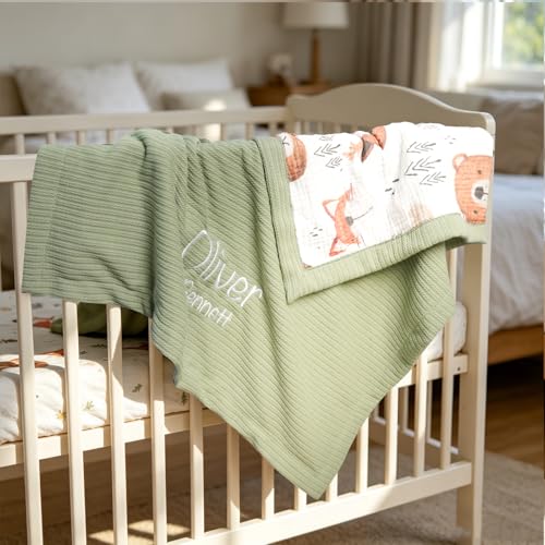 Image of Personalized Baby Blanket with Name - Custom Knit Blanket, 27x40in Embroidered Nursery Blanket for Girls & Boys Woodland- Customized Baby Blanket, Soft Newborn Gift & Custom Baby Gift (Leaf)