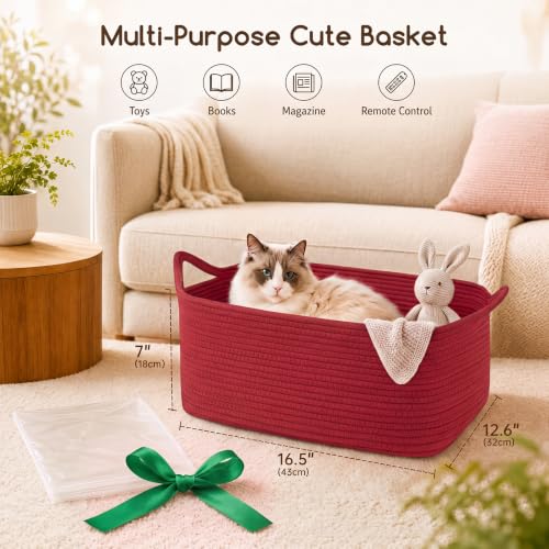Image of OIASKET Large Empty Cotton Rope Gift Basket with Handles, 16.5 inchx12.6 inchx7 inch Decorative Woven Storage Basket with Gift Bag and Ribbon Set for Baby Shower, Toy Organizer for Kids, Dogs & Cats - Red
