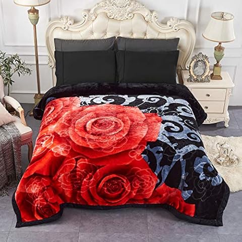 JML Heavy Fleece Blanket King Size 85"x 95", Plush Velvet Korean Style Mink Blanket, 2Ply Reversible Raschel Blanket - Silky Soft Wrinkle and Fade Resistant Thick Bed Warm Blanket, Black Floral Cover