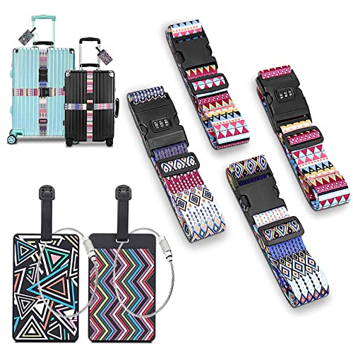 Sangle Valise - Lot de 4 Sangle Valise Voyage avec 2 Étiquette de Bagage - Sangles Réglables pour Bagage - Sangle Valise Voyage avec Code - Sangle à Boucle Rapide Sangle De Valise Cover