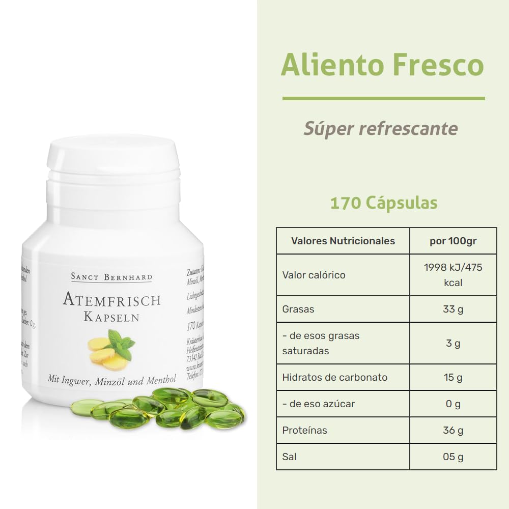 Aliento Fresco 170 Cápsulas contra Mal Aliento con Jengibre, Menta y Mentol