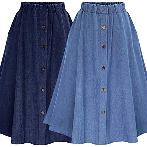 Elonglin Saia Jeans Decoradas de Botões Saia Cinto Elástico Cintura Alta Elegante Chique 1