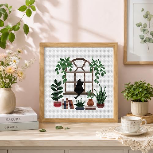 Image of Plant Black Cat Stamped Cross Stitch Kits for Adults Beginners with Frame