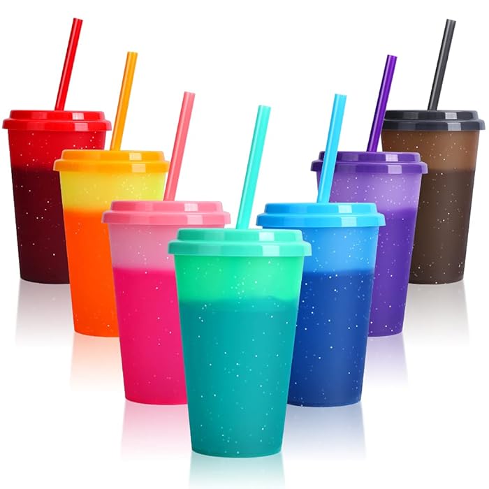 Buy Color Changing Cups with Lids & Straws 12 oz Reusable Cute