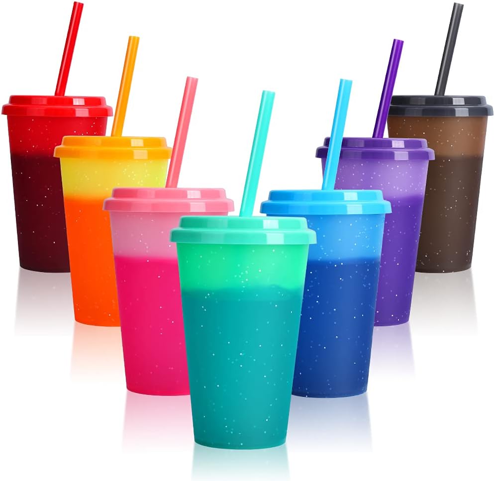 Color Changing Cups with Lids & Straws - 7 Pack 12 oz Reusable Cute Plastic Tumbler Bulk - Kids Small Funny Travel Straw Tumblers/Adults Iced Cold Drinking Party Cup