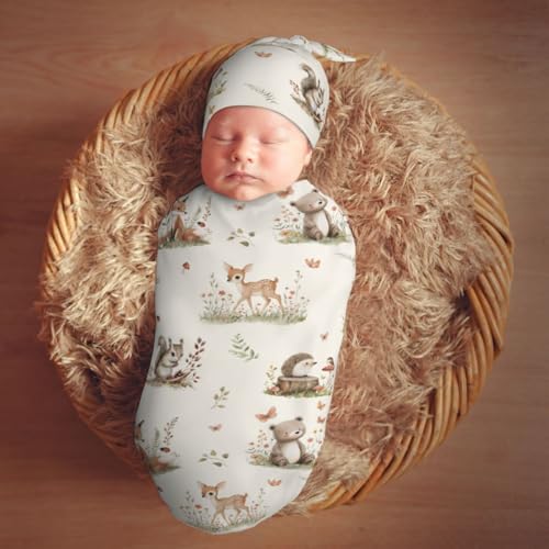 Image of Cute Cartoon Animal and Botanical Print Swaddle Blanket with Beanie Hat Set Newborn Swaddle Wrap Soft Baby Receiving Blankets Baby Swaddle Blanket for Baby Boys and Girls