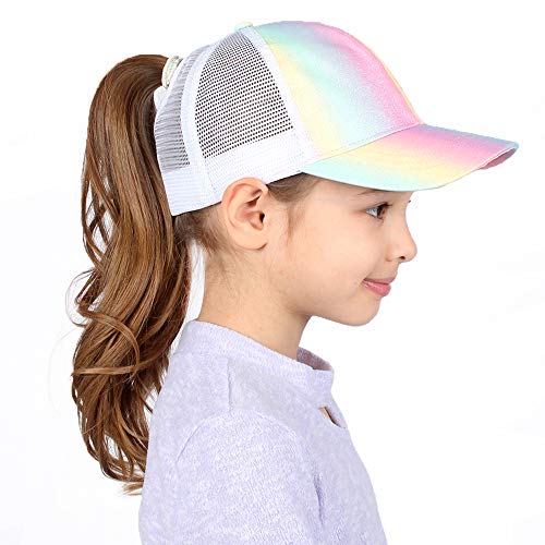 Ponyflo Kids Ponytail And Messy Bun Ponycap With Full Back Opening (Rachel Rainbow Glitter) #TOP3