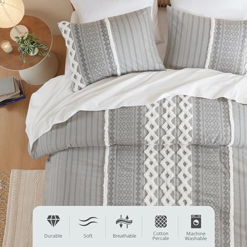 Image of INK+IVY Imani 100% Cotton Duvet Mid Century Modern Design, All Season Comforter Cover Bedding Set, Matching Shams, King /Cal King, Gray Chenille Tufted Accent 3 Piece