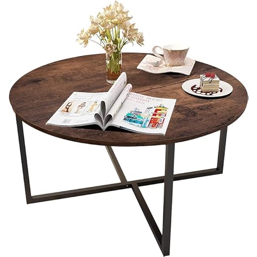 HOJINLINERO Round Coffee Table for Living Room - Industrial Tea End Sofa Table With Durable Metal Legs - Easy Assembly, Black+Brown